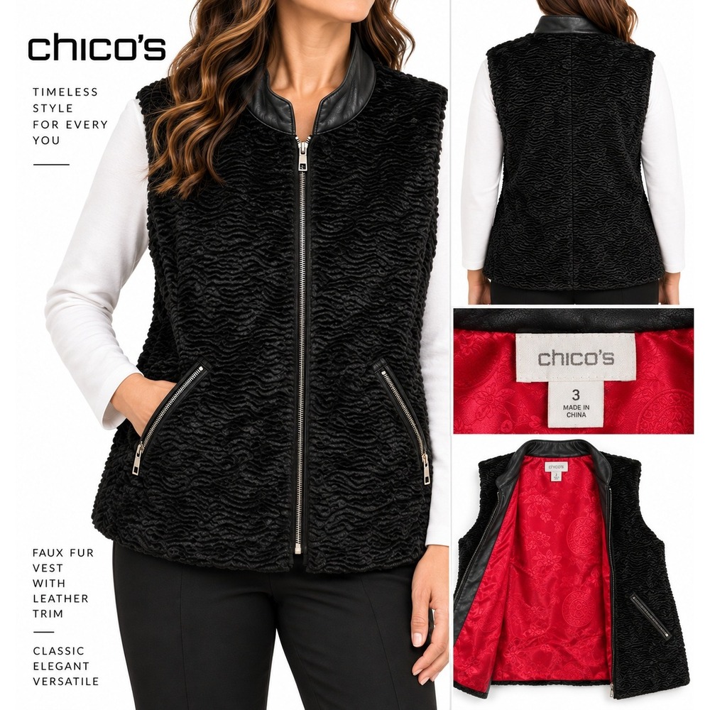 Chicos Black Faux Fur Leather Trim Zip Vest Red Brocade Lining Women's Size 3